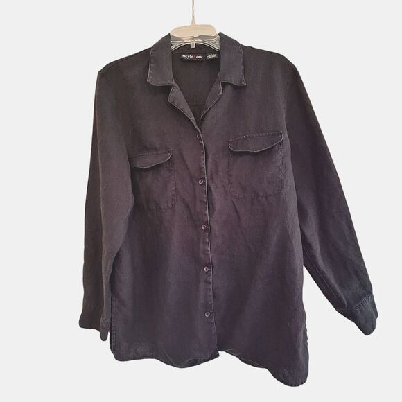 Style & Co 100% Linen Black Shirt Shacket Vintage Hong Kong Relaxed Fit size L - Picture 1 of 16